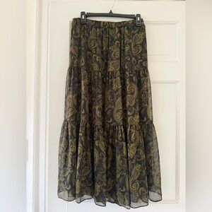 Michael Kors Tiered Paisley Midi Skirt in Black/pistachio